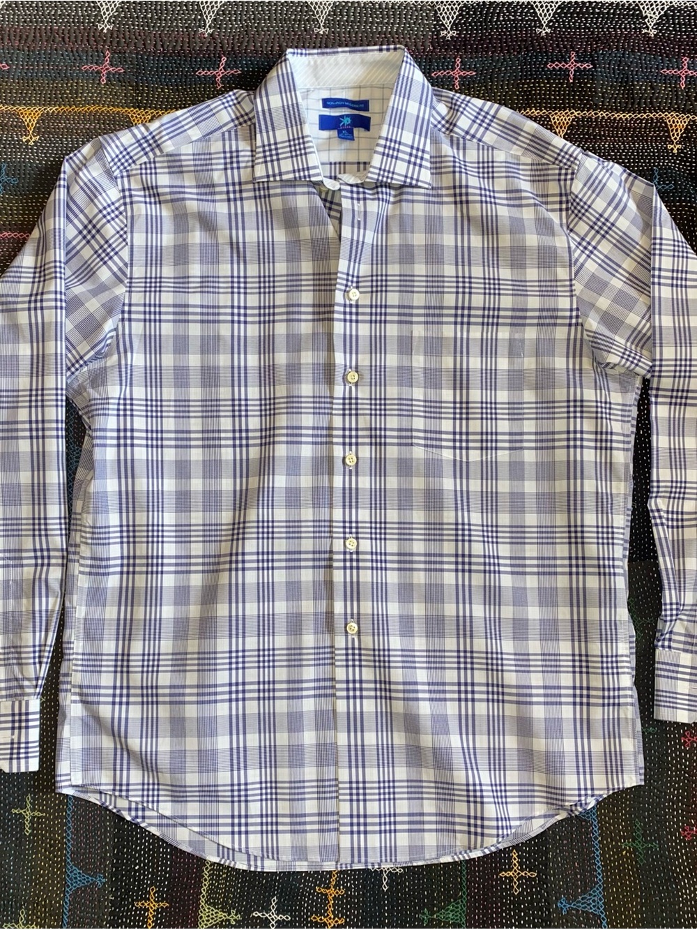 Men's Button Down Shirt Blue Plaid Non-Iron Cotton by EGARA size XL 17-17 1/2